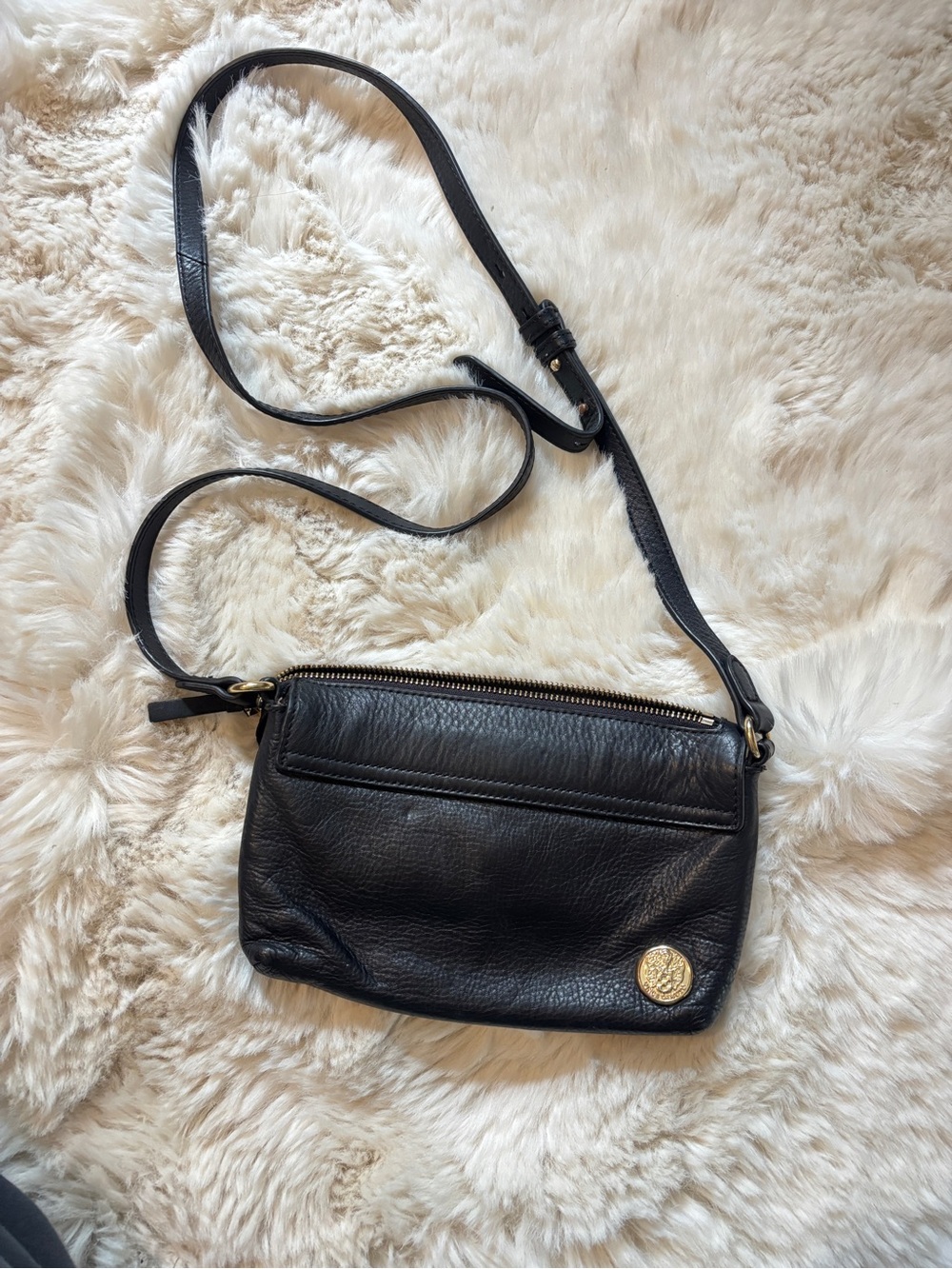 Designer Vince Camuto New York black Leather Crossbody Bag with Gold Accent
